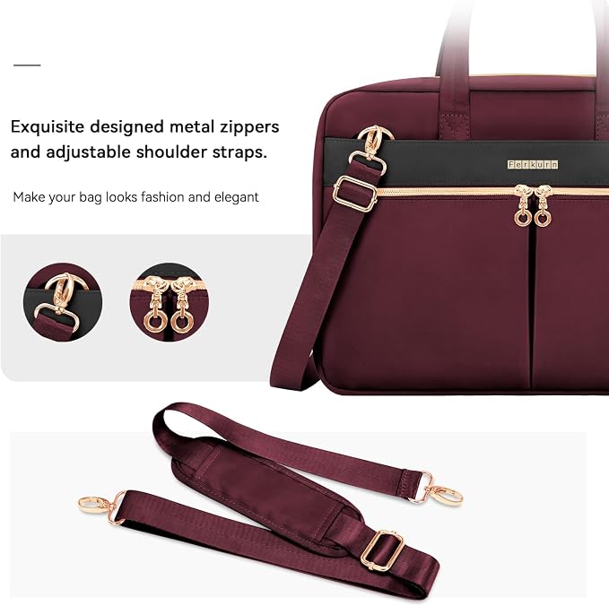 Ferkurn Laptop Bag Case Women Men Computer Bag Compatible with MacBook/HP/LG/Dell, Shoulder Strap Slim Carrying Messenger Briefcase, Wine Red, 17-17.3 Inch