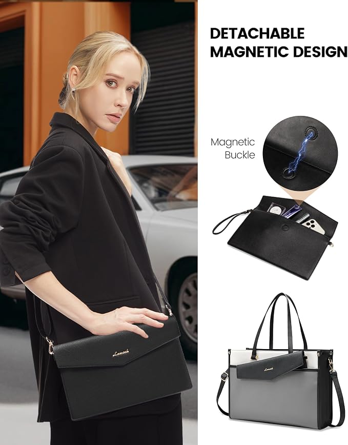 LOVEVOOK Laptop Bag for Women, 15.6'' Laptop Tote Purse 2-in-1 Professional Work Bag Business Briefcase with Clutch Purse, Waterproof Leather Computer Handbag for Teacher Office Travel