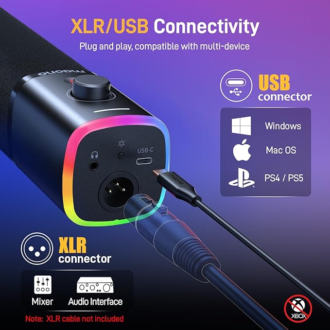 MAONO XLR/USB Gaming Microphone for PC, Dynamic Computer Mic for Streaming Podcasting, Noise Reduction, Mute, Volume Control, RGB Boom Mic for Vocal Recording,Voice-Over, PD100XS Black