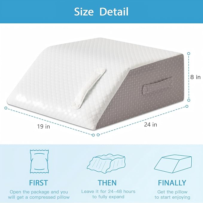 MEGCXIT Leg Pillow Elevation Blood Circulation, Leg Wedge for Elevation for Swelling, Leg Elevating Pillow for After Surgery, Memory Foam Foot Knee Pillow for Back Sleeping 24×19×8 Inch White/Grey