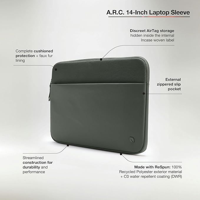 Incase A.R.C. Laptop Sleeve 14 Inch – MacBook Case with Faux Fur Lining, External Pocket – Fits MacBook Pro Air Lenovo Dell HP – Laptop Cover, Computer Case - Travel, Work, College - Smoked Ivy