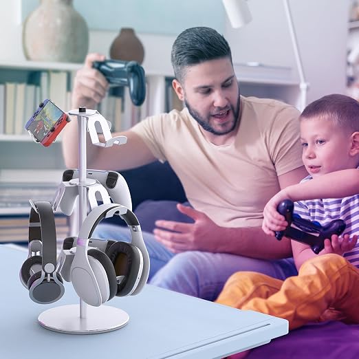 Controller Stand Compatible with Xbox PS5 PS4 Nintendo Switch Pro, 3 Tier Aluminum Gaming Headset Stand, Rotatable Headphone Controller Holder Organizer Rack, Universal & Large Capacity, Silver