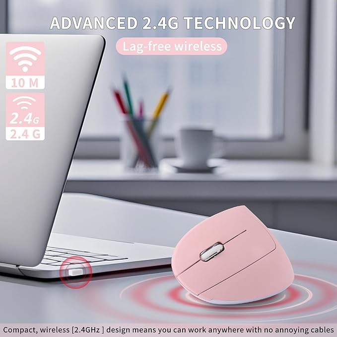 Left Handed Ergonomic Mouse, Vertical Wireless Mouse for Left Hand, 2.4G USB Carpal Tunnel Lefty Mouse, 3 Adjustable DPI, 6 Buttons, for Laptop, PC, Computer, Mac, Windows, Desktop -Pink