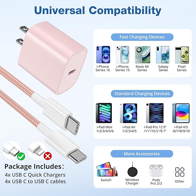 for iPhone 16 15 Charger Fast Charging [4 Pack] 20W USB C Wall Charger Block with 6FT USB C Charging Cable for iPhone 16 15 Pro Max/15 Pro/15/15 Plus,iPad Pro 12.9"/11",iPad Air