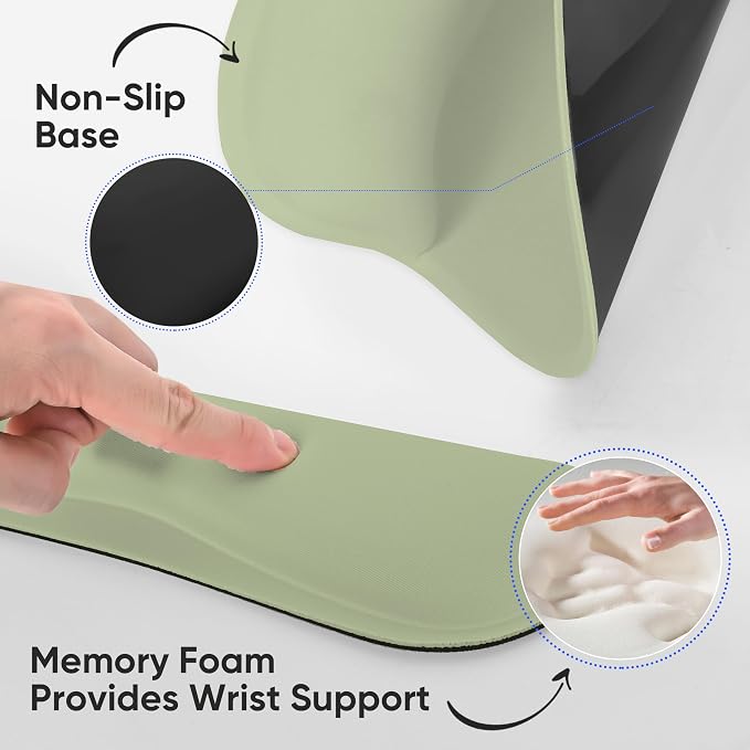 RICHEN Wrist Rest Support for Mouse Pad&Keyboard Set with Coaster,Concave Curved Memory Foam, Non-Slip Base Pain Relief Comfortable Easy Typing Pad for Home/Office (Sage Green)