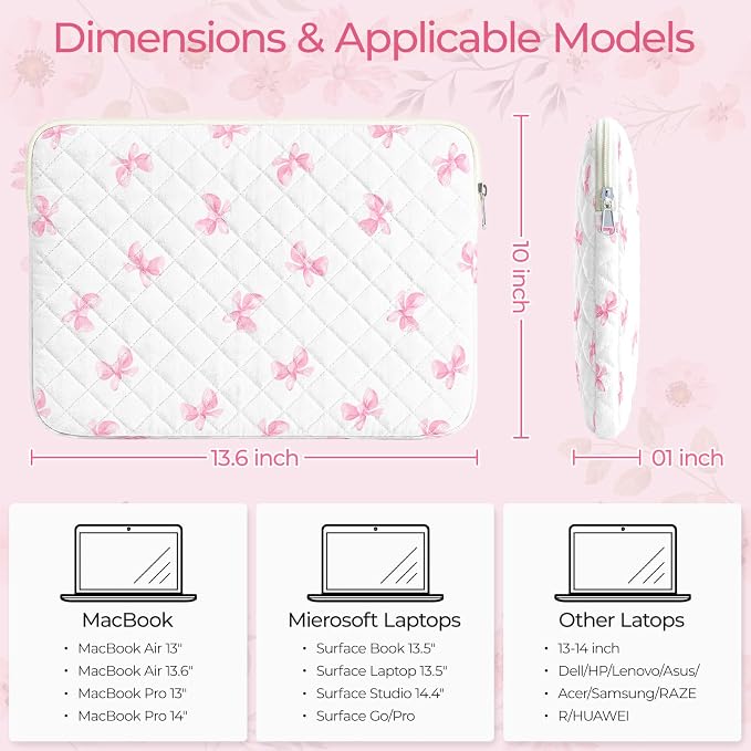 13-14 inch Cotton Quilted Laptop Sleeve for Women, Aesthetic Puffy Laptop Case Carrying Bag Compatible with MacBook Air/Pro 13/Pro 14, Soft Computer Liner Bag (Pink Bow, 13.3 inch)