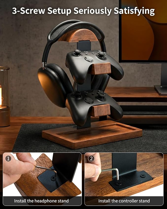 Headset Stand with Controller Holder, 3-in-1 Solid Walnut Wood Gaming Desk Organizer, Compatible with Controllers, Display Mount for AirPods Max, Bose, Sennheiser, Gift for Gamers
