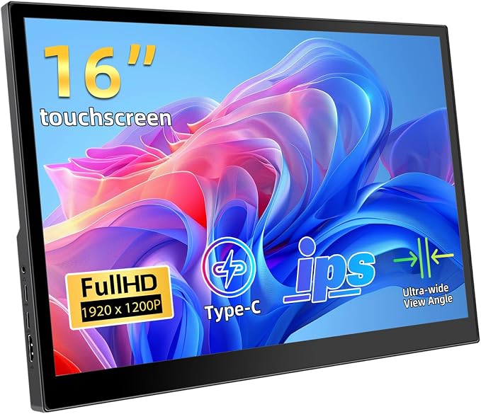 Portable Touchscreen Monitor 16 Inch 1920X1200P IPS Touch Screen Monitor with USB C HDMI Port, 350cd/m², External Monitors for Laptop PC Phones Computer PS4/5
