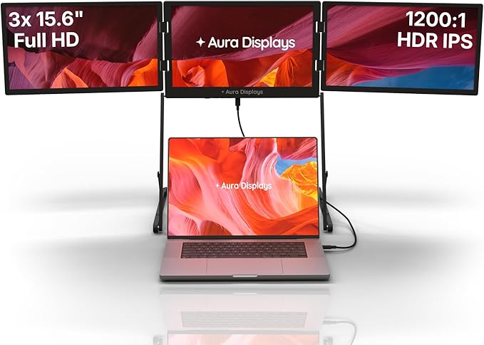 Triple Aero Pro Max 15.6”| Premium Triple Portable Monitor Extender | Full Aluminum | Quad Screens | 3×15.6” FHD 1080P HDR IPS | USB-C & HDMI | Compatible with 11-18” Laptops