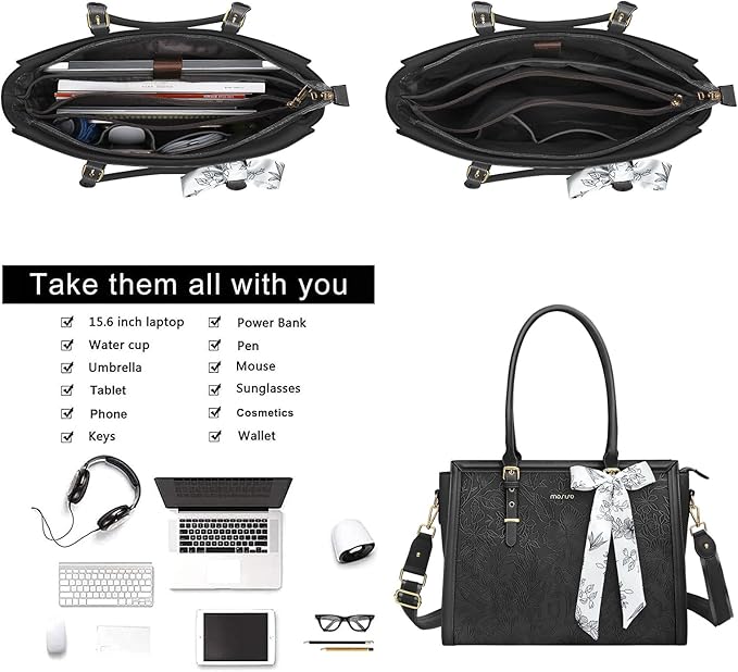 MOSISO Laptop Bag for Women, 15.6-16 inch PU Leather Tote Bag Compatible with MacBook, HP, Dell, Asus Notebook, Front Embossed Retro Hibiscus Computer Bags with Silk Scarf&Clutch Purse, Black