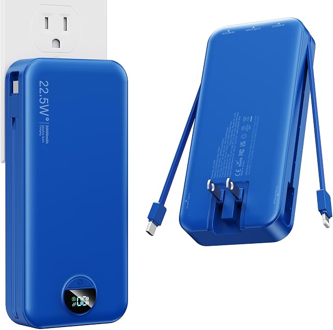 Portable Charger, 20000mAh 22.5W Fast Charging Power Bank with Built-in Cables & Wall Plug, USB C External Battery Pack with LED Display, Travel Essentials Phone Charger for iPhone iPad Samsung Navy