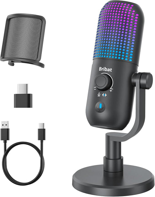 USB Microphone for PC Gaming,Streaming&Podcast,Plug & Play RGB Desktop Mic with One-Touch Mute,Cardioid Noise-Canceling Computer Mic for Twitch,YouTube,Recording on PC & Laptop(Black)