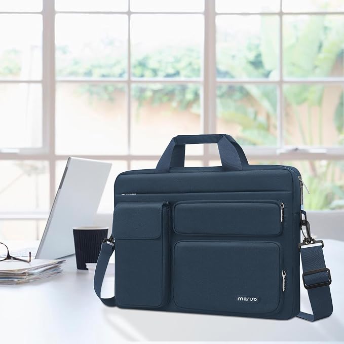 MOSISO Laptop Shoulder Bag 15.6 inch, 15-15.6 inch Computer Bag Compatible with MacBook Pro 16 inch, HP, Dell, Lenovo, Notebook with 2 Raised&1 Flapover&1 Horizontal Pocket&Handle&Belt, Haze Blue