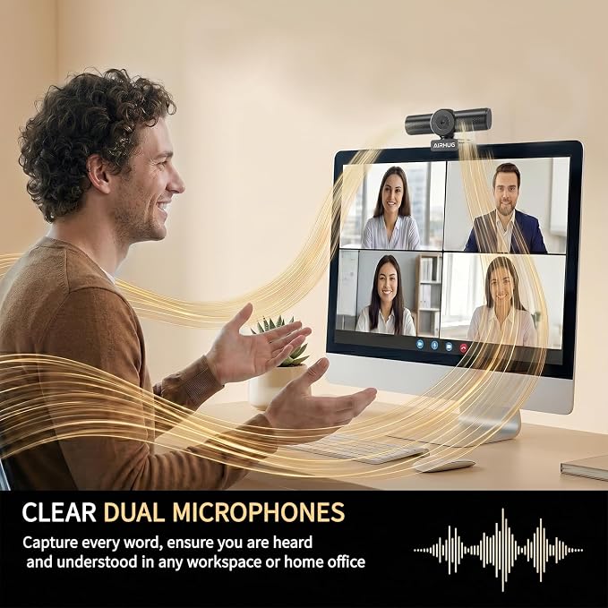 AIRHUG 4K 30fps Webcam - Sony 16MP Sensor, PDAF Autofocus, Auto Light Correction, Dual Omnidirectional Mics, 63° Focused View for Streaming Camera, Built-in Privacy Cover, Plug & Play for Windows/Mac