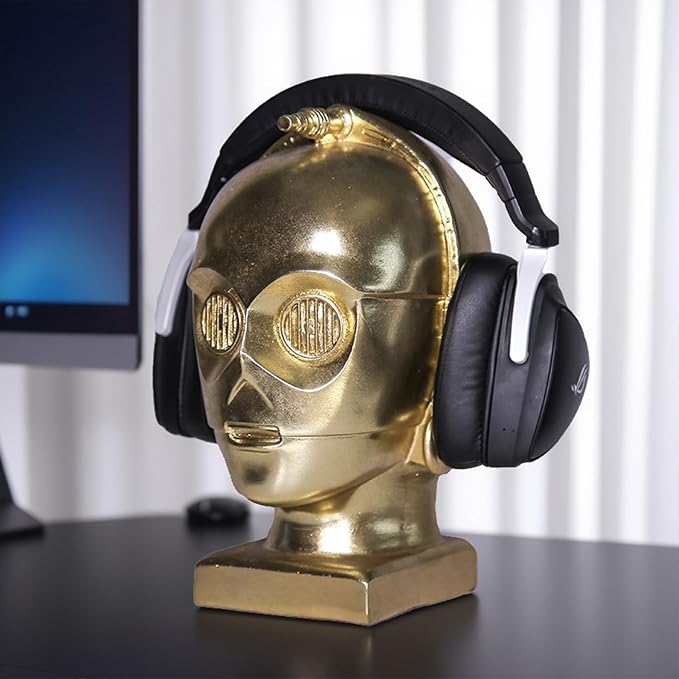 Home Decor Office Living Room Decor Robot Head Headphone Stand, Gold Metallic Finish, 10.63 x 7.09 x 5.91 inches, Decorative Display Holder for Gaming Headsets