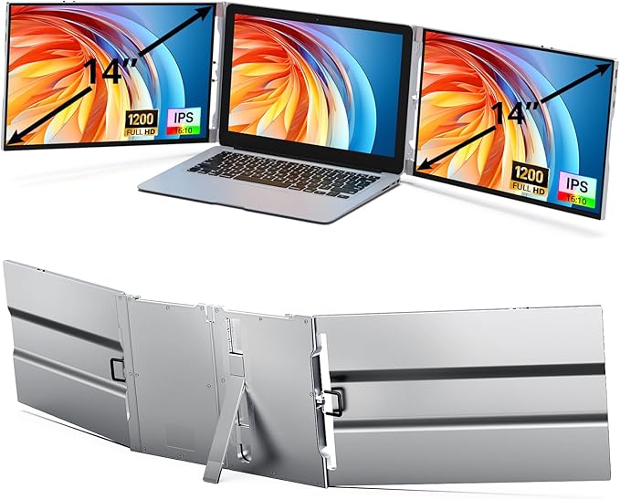 AYY Laptop Screen Extender, 14" FHD 1200P Portable Triple Monitor for 13"-17" Laptops, Aluminum Alloy Stand, Compatible with MacOS/Windows/Chrome