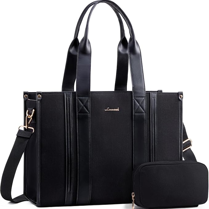 LOVEVOOK laptop bag for women 15.6 inch large Lightweight canvas work tote bags with Clutch Purse water resistant computer bags for laptops for women Business Office Travel college Casual, black