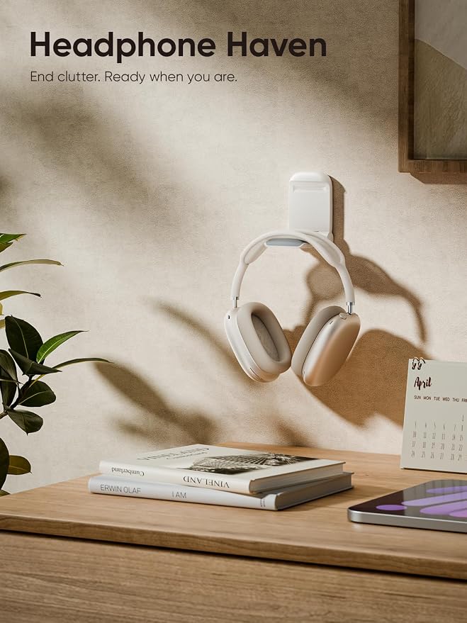 MAMUVIMO Headphone Stand, Headset Stand Foldable ＆ Sticky, Headphone Holder Hook Mount with Non-Slip Silicone, Adhesive Earphone Desk Hanger Clip Space-Saving for Airpods Max, All Earphones- Starlight