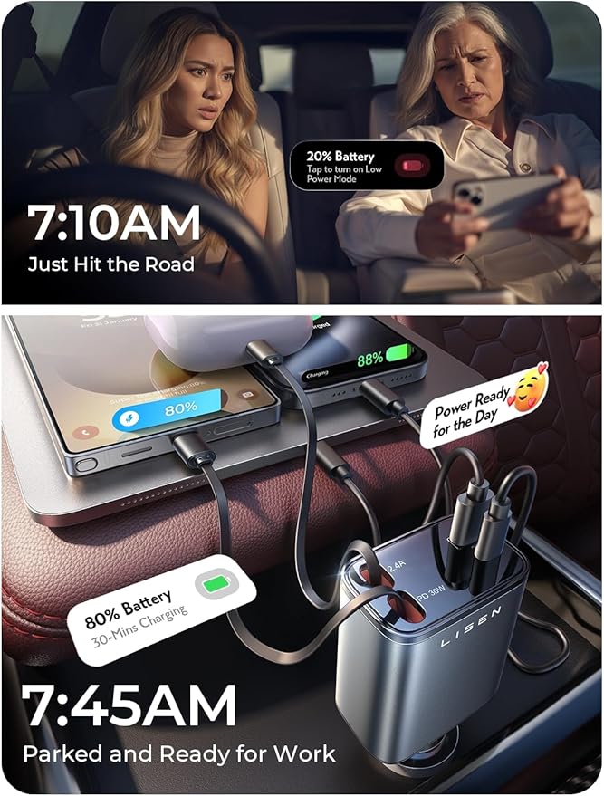LISEN Retractable Car Charger, [2026 Upgrade 47.24 inch ] Long 4 in 1 Retractable Cable Car Charger, USB C Car Charger Fast Charging for iPhone 17 16 15 14 13 12 11 X Pro Max Plus Mini, Samsung S26