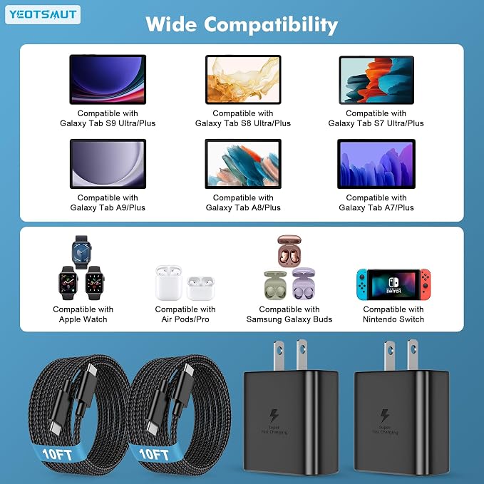 45W Fast Charger USB C, 45W Type C Fast Charger for Samsung Galaxy S25 Ultra/S25+/S24 Ultra/S24+/S23 Ultra/S23+/S22/S20, Tab 10FT Type C Cords