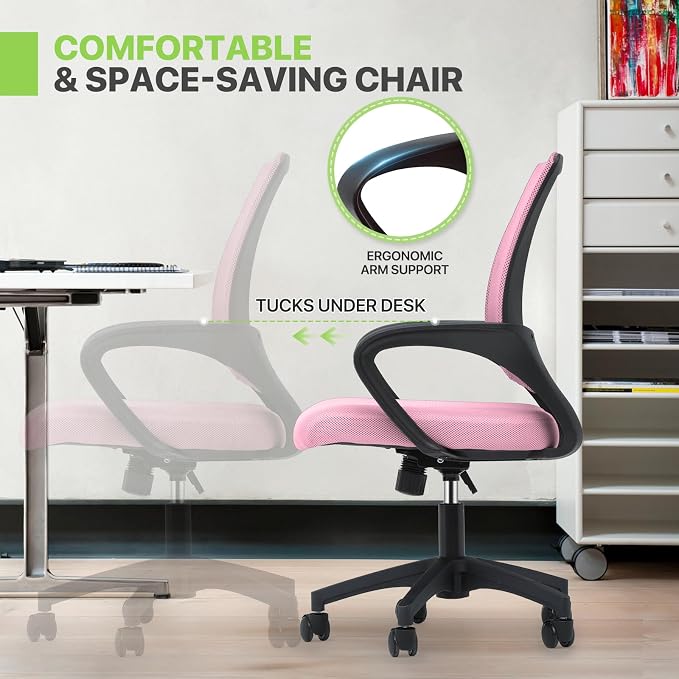Magshion Ergonomic Office Chair Pack of 2, Mid-Back Mesh Desk Chair, Adjustable Swivel Computer Chair with Lumbar Support & Breathable Backrest for Gaming, Work, Study, 300 Lbs Capacity, Pink