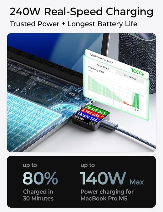 LISEN for MacBook Pro Charger Cord 10FT 240W USB C Charger Fast Charging Cable【Safety Max Power Charging】 Compatible with MacBook Pro/Air M5 M4 M3 M2 M1, iPad Air Pro M5 M4,10ft/1 Pack/Midnight