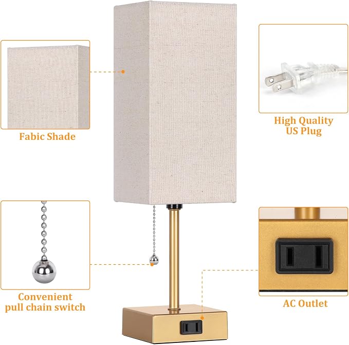 Table Lamp for Bedroom set of 2,3-Color Bedside Lamps with Pull Chain Table Lamps for Nightstand with AC Outlets,Small Night Light Lamps with 2 Bulbs Lamps for Living Room Kids Room Office Decor（Gold）