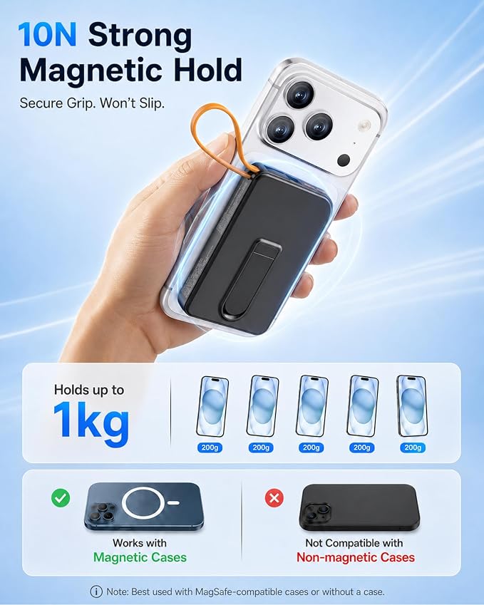 3-in-1 Magnetic Portable Charger with Stand, for Magsafe Power Bank Fast Charging, 10000mAh Wireless Battery Pack with Built in USB C Cable, Powerbank for iPhone17/16/15/14/13/12 Travel & Daily Use