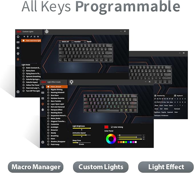 RK ROYAL KLUDGE RK61 60% Mechanical Gaming Keyboard with Coiled Cable, 2.4Ghz/Bluetooth/Wired, Wireless Bluetooth Mini Keyboard 61 Keys, RGB Hot-Swappable Red Switch, Ergonomic Design - Black