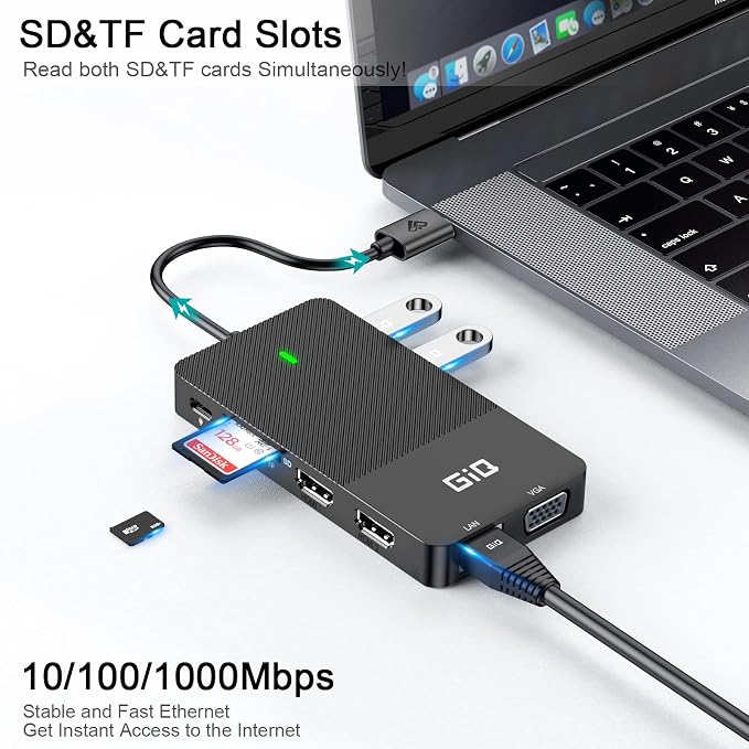 USB Docking Station GIQ USB C HUB USB 3.0 to Dual HDMI VGA Adapter Triple Display USB C Laptop Docking Station Dual Monitor HDMI Splitter Extender Compatible with MacBook M1 M2 USB Dock-Black
