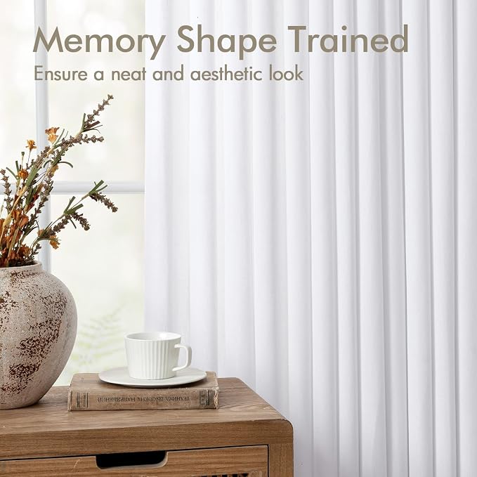 ANRODUO Memory Trained Pinch Pleated Curtains 96 Inches Long, Viral Linen Pinch Pleat Sheer Curtains with Ring Hooks&Clips for Track System, White Light Filtering Privacy Curtain 2 Panel Set W70xL96