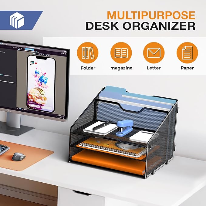 GAWERK Letter Tray Organizer, Mesh Desk File Organizer with 3 Paper Trays and 2 Vertical Upright Section (White)