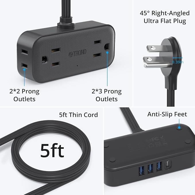 TROND Travel Power Strip with USB Ports, 5ft Flat Plug Extension Cord with Multiple Outlets, Small Wall Mount Extender Adapter for Office Dorm Room Essentials, Black