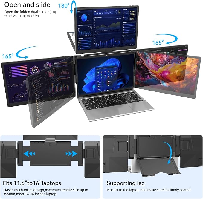 ADREAMER 13.3" Triple Screen Laptop Monitor Extender, Detachable 3 Screen Monitor for Laptop 13"-16", 1920x1200 IPS 16:10, 1 Cable for 3 Displays, Compatible with Wins/Mac.