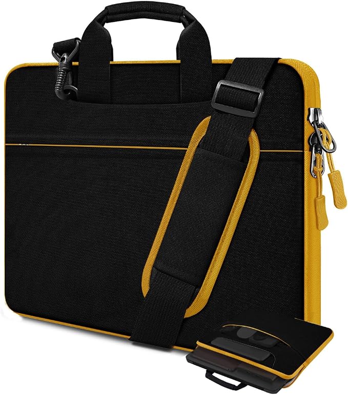Laptop Case 15.6 inch Shoulder Bag, Durable Shockproof Protective Computer Carrying Briefcase with Multi-Pockets and Strap Compatible with Most 15.6 inch Notebooks,Black yellow