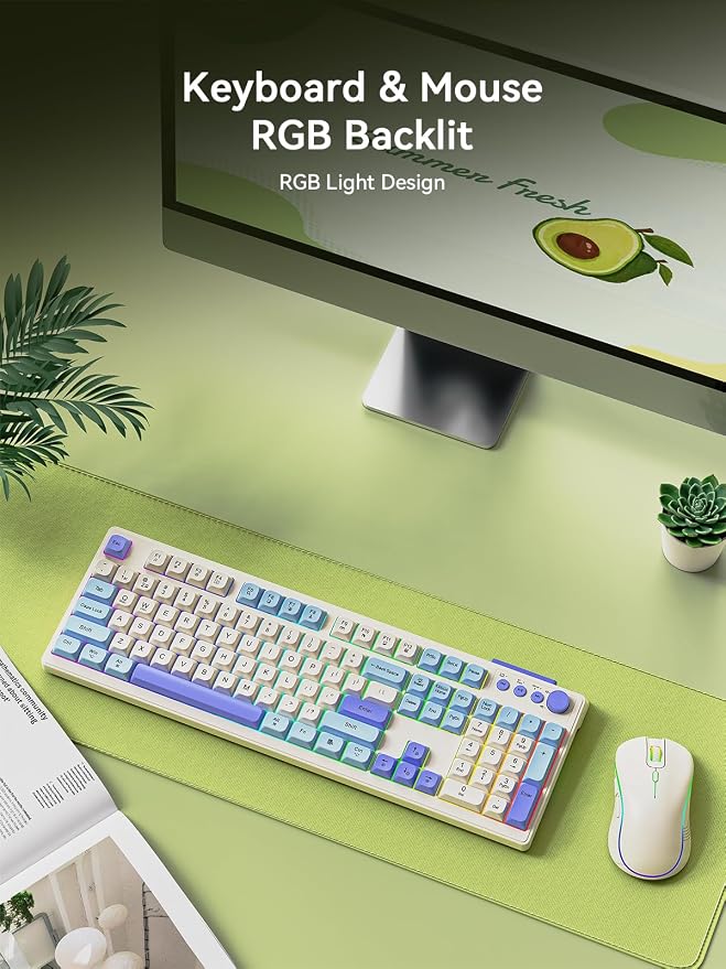 Wireless Keyboard and Mouse Combo, RGB Backlit Rechargeable 2000 mAh Battery, Wireless Computer Keyboards, Tri-Mode Bluetooth/2.4GHz/USB-C Custom Creamy Keyboard, RGB Backlit Media Knob