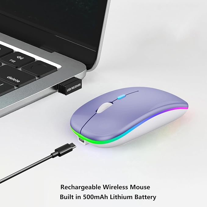WREANU Wireless Bluetooth Mouse Rechargeable Laptop Mice with LED Lights Silent Slim Use(BT5.2 and 2.4G Portable USB Receiver)Dual Mode Computer Mouse for Laptop/iPad/Tablet/Apple/Computer/Mac(Purple)