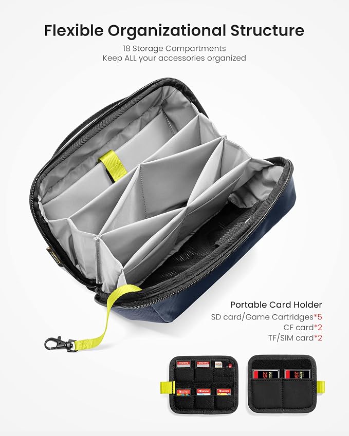 tomtoc Electronic Organizer Accessory Tech Pouch for MacBook Charger, Cables, Power Bank, Hard Drive, Cords, Water-resistant Storage Bag with Removable Card Slots for USB Adapter, Memory Card, Blue
