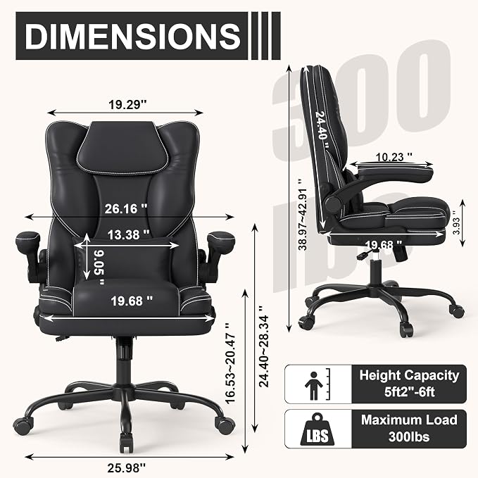 Ergonomic Office Chair with Flip-up Armrests, 300lbs Mid Back Computer Office Desk Chair with Lumbar Support, Executive Leather Chair with Rocking Function Adjustable Height for Home Office
