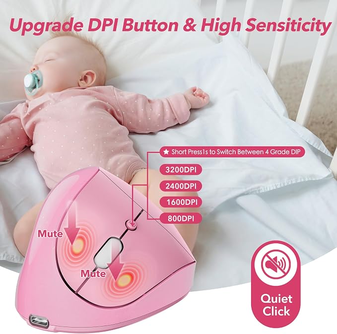 Left Handed Ergonomic Mouse Jiggler,Vertical Wireless & Rechargeable,2.4G USB Carpal Tunnel Lefty Mice with Undetectable Random Movement Keeps PC Laptop Awake-Pink