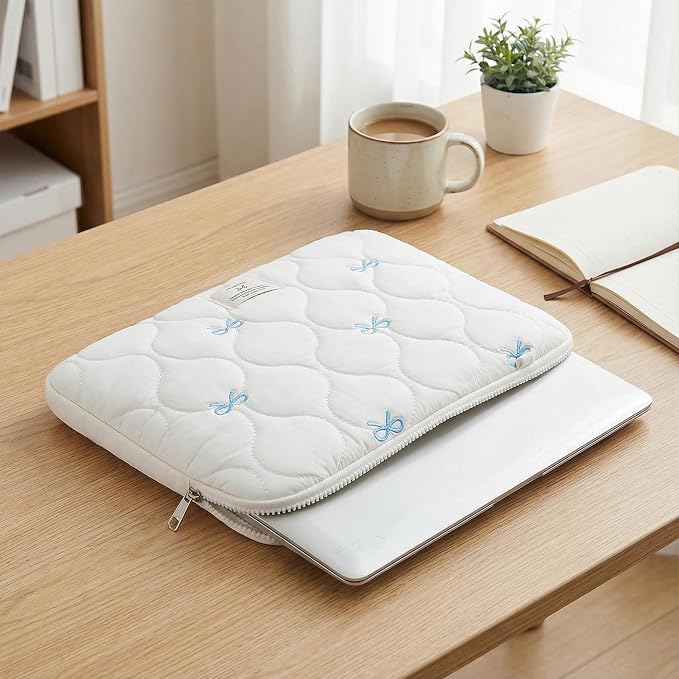 Cute Bow Laptop Case Coquette 13-15 Inch Puffy Laptop Sleeve Accessories Aesthetic Quilted Computer Bag for MacBook (White 1, 13-14inch)