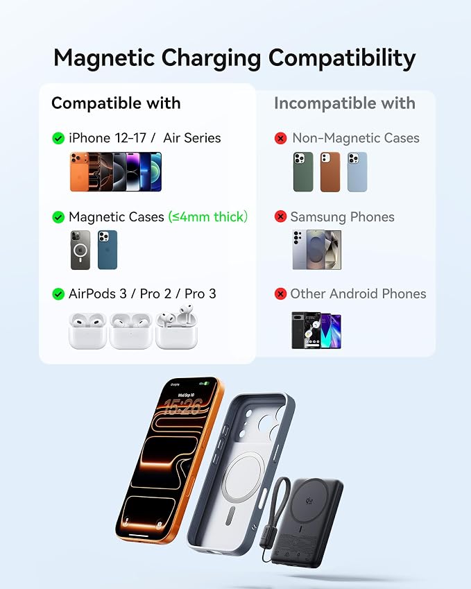 INIU Slimmest Power Bank for MagSafe, 10000mAh Qi2.2 Certified 25W Wireless & 45W Wired USB C Fast Charging Portable Charger, Flight-Safe Travel Phone Magnetic Battery Pack for iPhone 17-12 Series