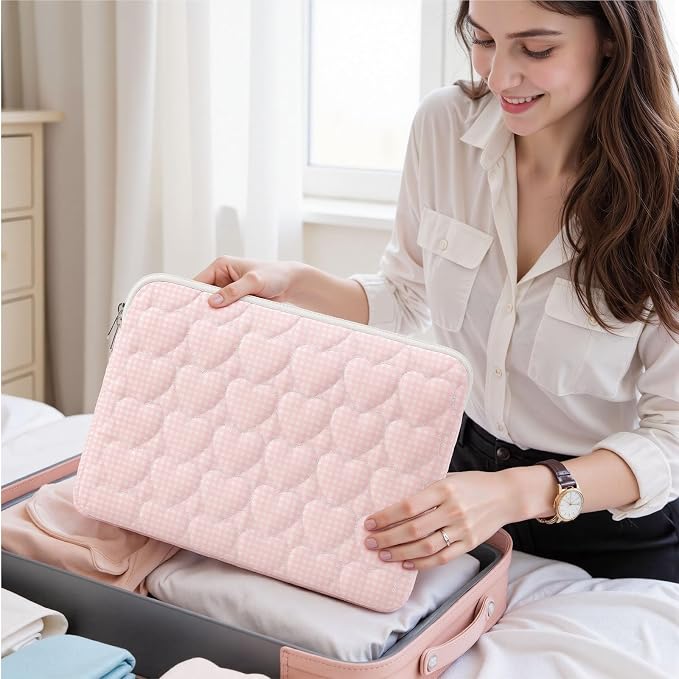 13-14 inch Cotton Quilted Laptop Sleeve for Women, Aesthetic Puffy Laptop Case Carrying Bag Compatible with MacBook Air/Pro 13/Pro 14, Soft Computer Liner Bag (Pink Gingham, 13.3inch)