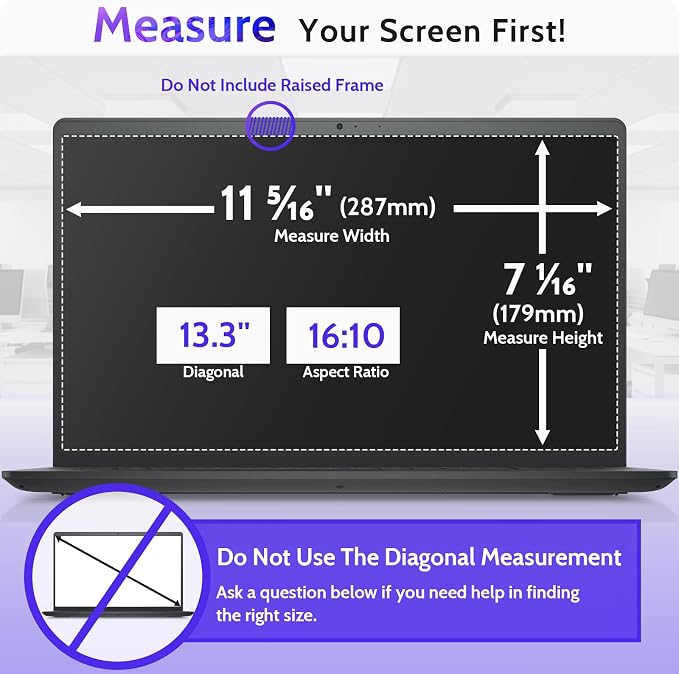 Peslv 13.3 Inch Laptop Privacy Screen for 16:10 Computer Monitor, Anti Glare Blue Light Filter Protector, Removable 13" Security Shield Compatible with Lenovo Hp Dell Acer Asus Thinkpad Envy Xps