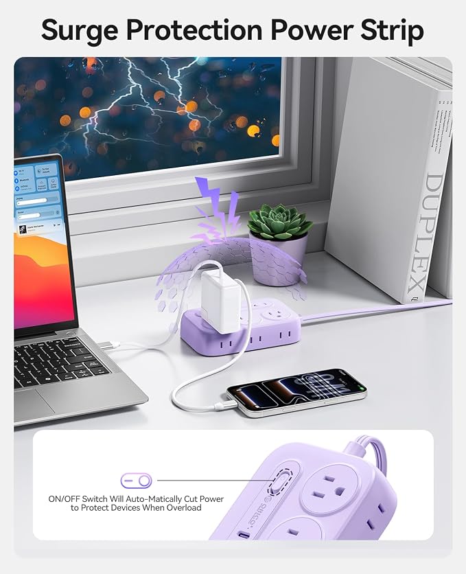 ORICO Surge Protector Power Strip, PD20W Multiple Outlets Extension Cord with 6 AC Outlets and 4 USB Charging Ports (2 USB-C), 45° Flat Plug, 5 Ft Mountable Outlet Extender for Home/Office/Dorm - OG