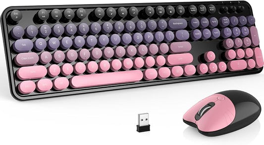 MOFII Wireless Keyboard and Mouse Combo, 2.4 GHz Full-Size Retro Round Keyboard and Mouse, Plug and Play, 8 Multimedia & Shortcut Keys for Mac, Windows, Laptop/Desktop/PC - Pink Gradient