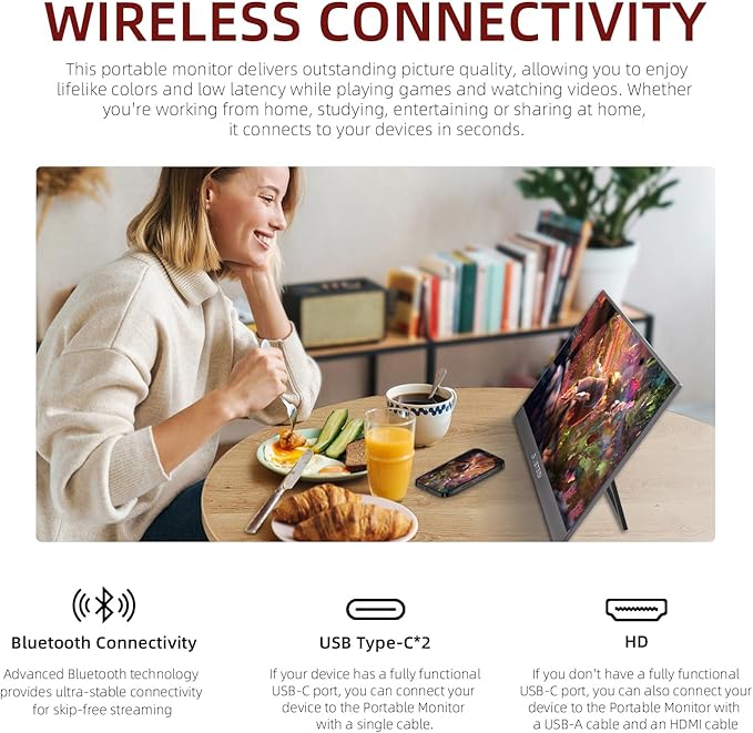 15.6 Inch Wireless Portable Monitor 1080P FHD Ultra Slim Display WiFi Connectivity 180° Adjustable Built-in Stand Lightweight Travel Monitor for Laptop/MAC/Phone/PS5