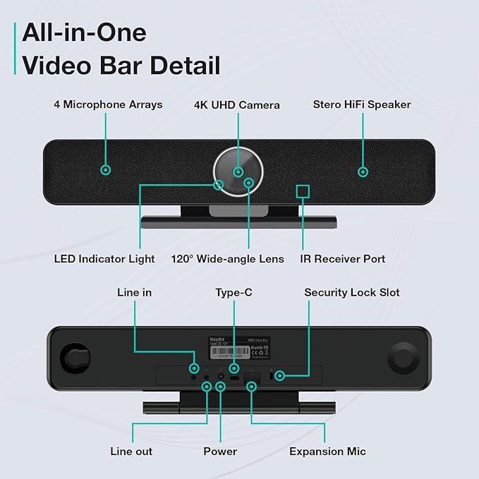 TB5 Video Conferencing System - Zoom Certificated, Ultra 4K Pro Audio and Video Conference Room Camera with 4 Microphone Arrays & Stereo Speakers, 120° Wide Angle Webcam for TV/Meeting Room