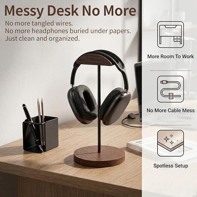 Headphone Holder Stand for Desk, Wood and Metal Headset Hanger Mount Hook Gaming Holder Desktop Earphone Artful Functional Craftsmanship Stand for All Headsets with Solid Wooden Base