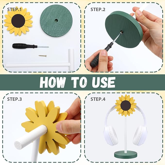 Yookeer Sunflower Headphone Stand Decorative Cute Sunflower Headphone Stand Yellow Wood Desk Decor for Gamer Room Office Desk Christmas Gaming Gifts for Women Office Worker